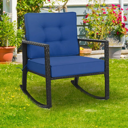 Patio Rattan Rocker Outdoor Glider Rocking Chair Cushion Lawn-Navy - Navy - Patio Rocking Chairs & Gliders