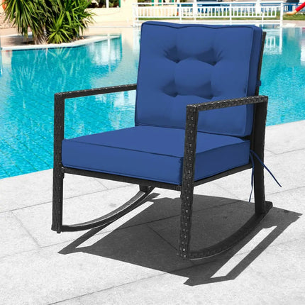 Patio Rattan Rocker Outdoor Glider Rocking Chair Cushion Lawn-Navy - Navy - Patio Rocking Chairs & Gliders
