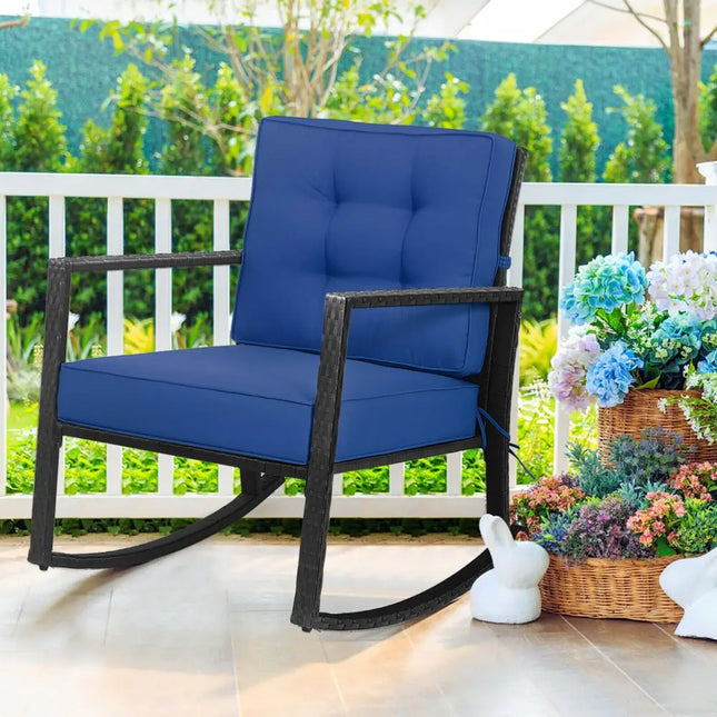 Patio Rattan Rocker Outdoor Glider Rocking Chair Cushion Lawn-Navy - Navy - Patio Rocking Chairs & Gliders