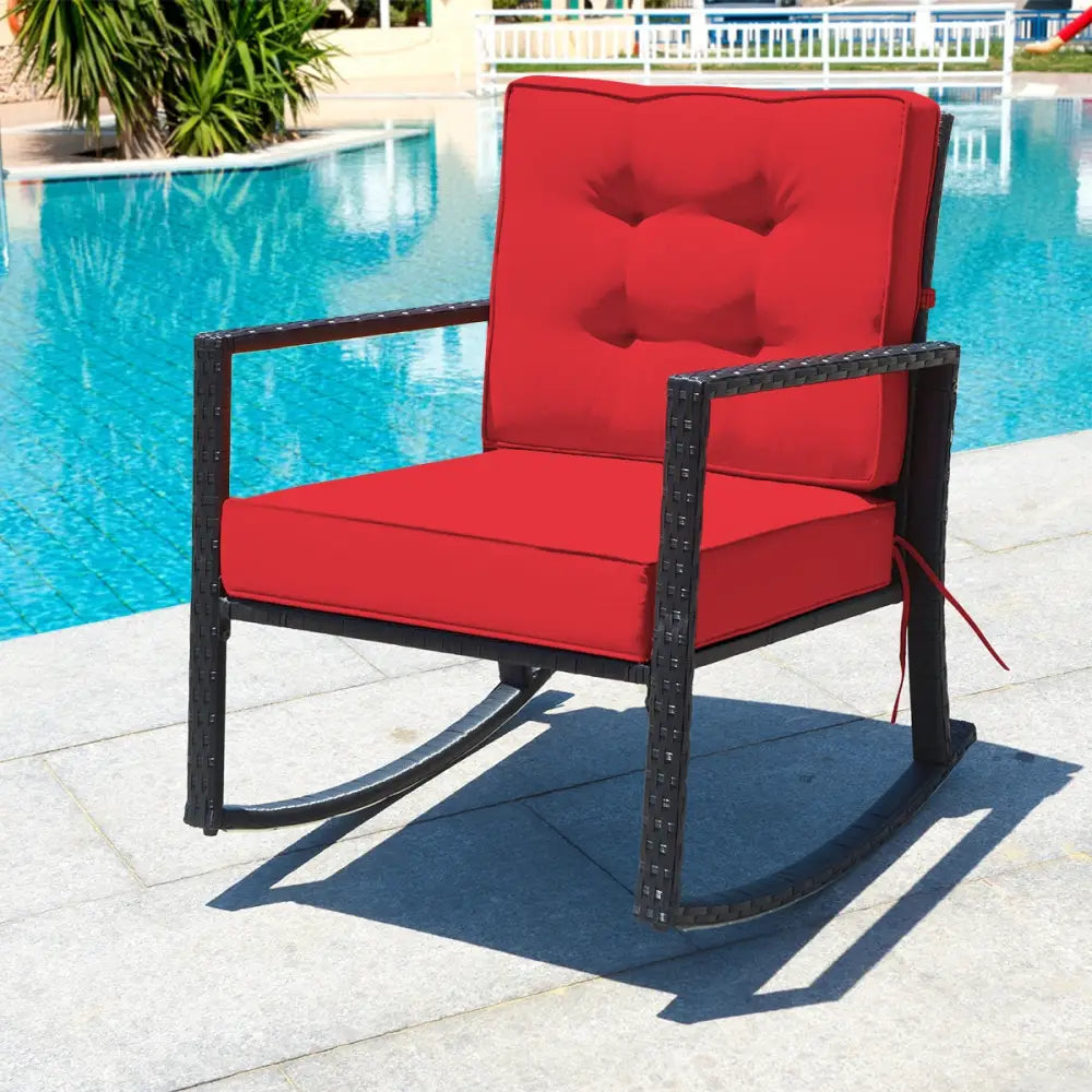 Patio Rattan Rocker Outdoor Glider Rocking Chair Cushion Lawn-Red - Red - Patio Rocking Chairs & Gliders