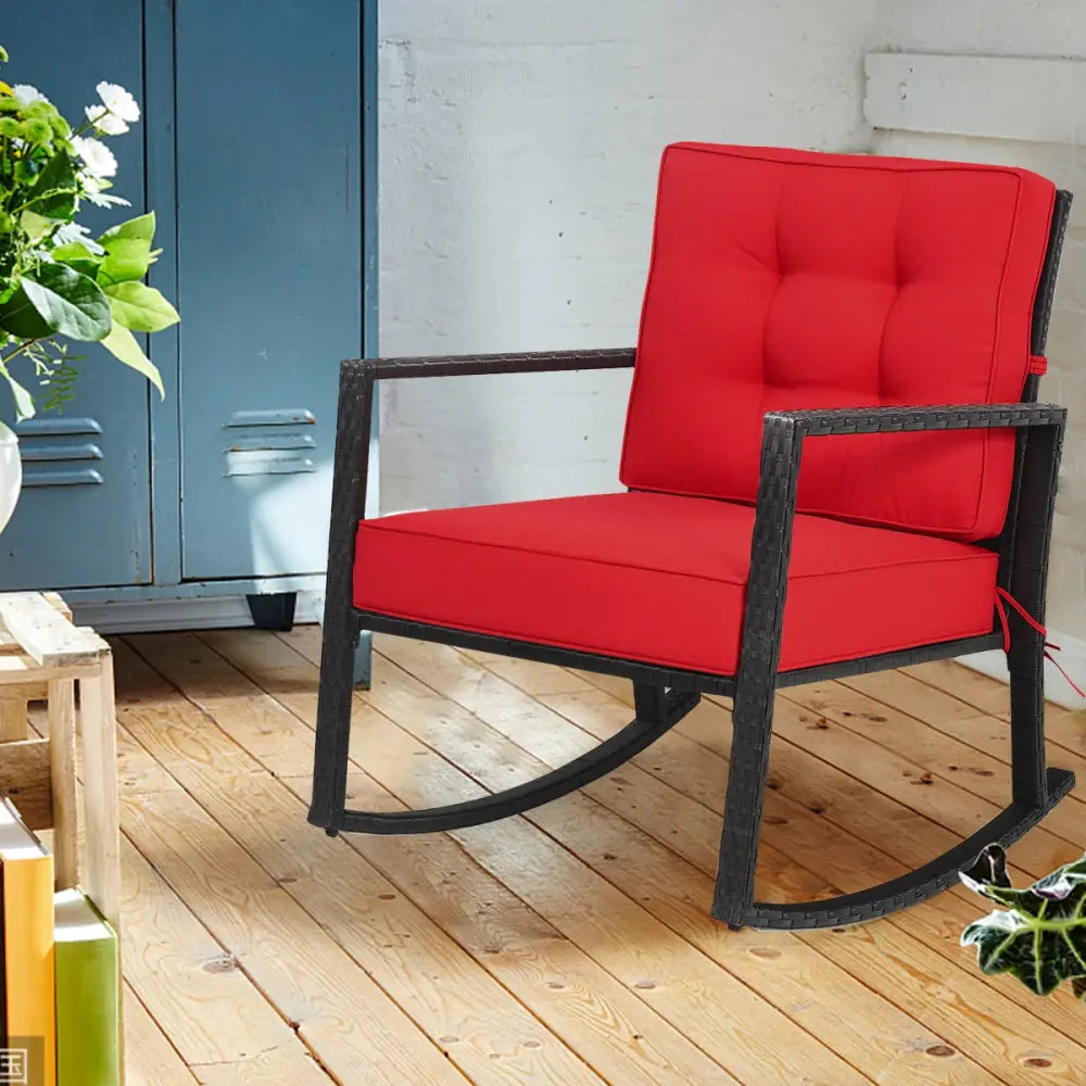 Patio Rattan Rocker Outdoor Glider Rocking Chair Cushion Lawn-Red - Red - Patio Rocking Chairs & Gliders