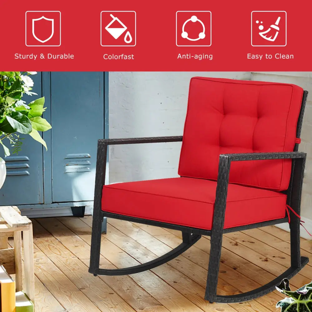 Patio Rattan Rocker Outdoor Glider Rocking Chair Cushion Lawn-Red - Red - Patio Rocking Chairs & Gliders