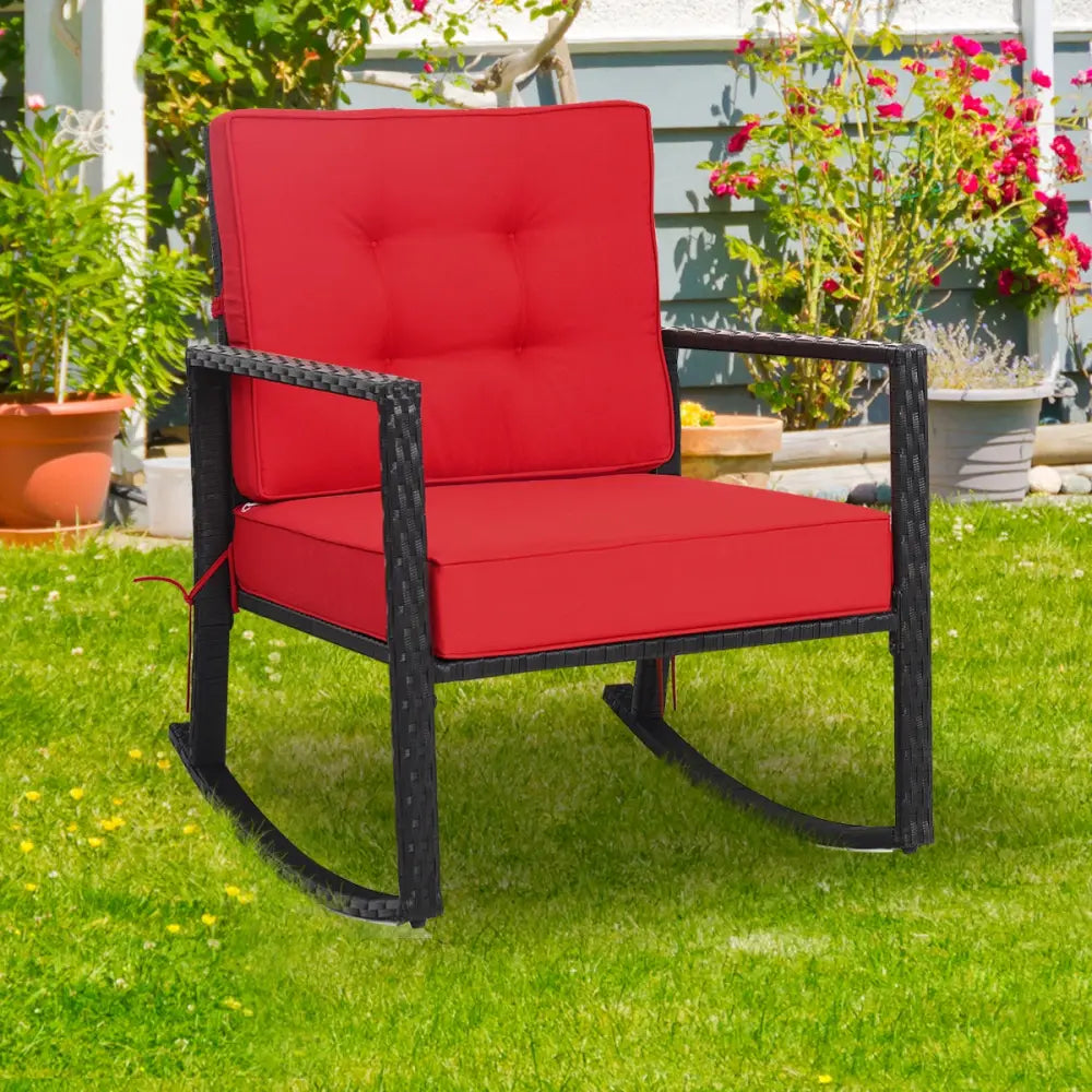 Patio Rattan Rocker Outdoor Glider Rocking Chair Cushion Lawn-Red - Red - Patio Rocking Chairs & Gliders