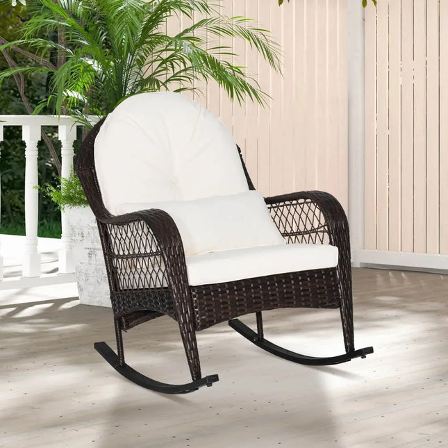 Patio Rattan Rocking Chair with Seat Back Cushions and Waist Pillow-White - White - Patio Rocking Chairs & Gliders