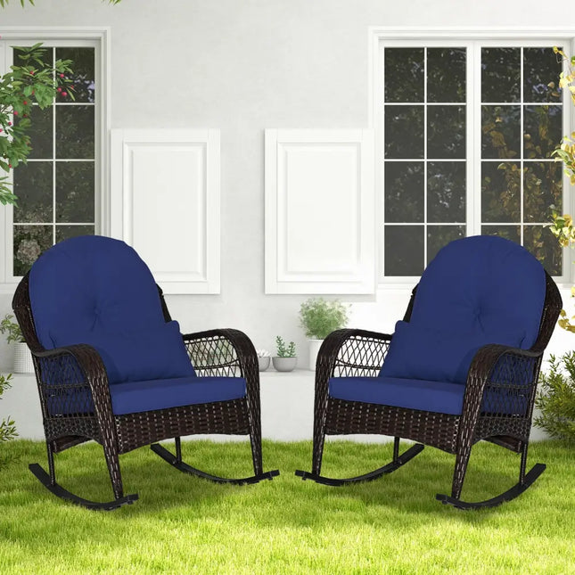 Patio Rattan Rocking Chair with Seat Back Cushions and Waist Pillow-Navy - Navy - Patio Rocking Chairs & Gliders