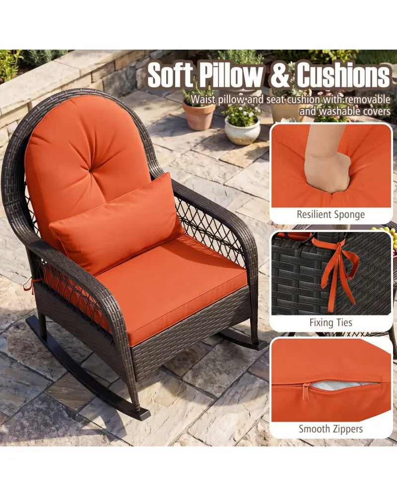 Patio Rattan Rocking Chair with Seat Back Cushions and Waist Pillow-Red - Orange - Patio Rocking Chairs & Gliders