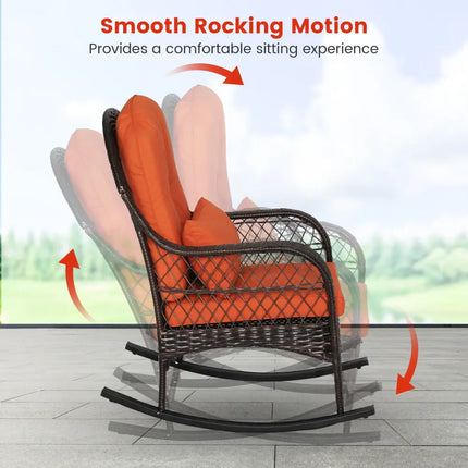 Patio Rattan Rocking Chair with Seat Back Cushions and Waist Pillow-Red - Orange - Patio Rocking Chairs & Gliders