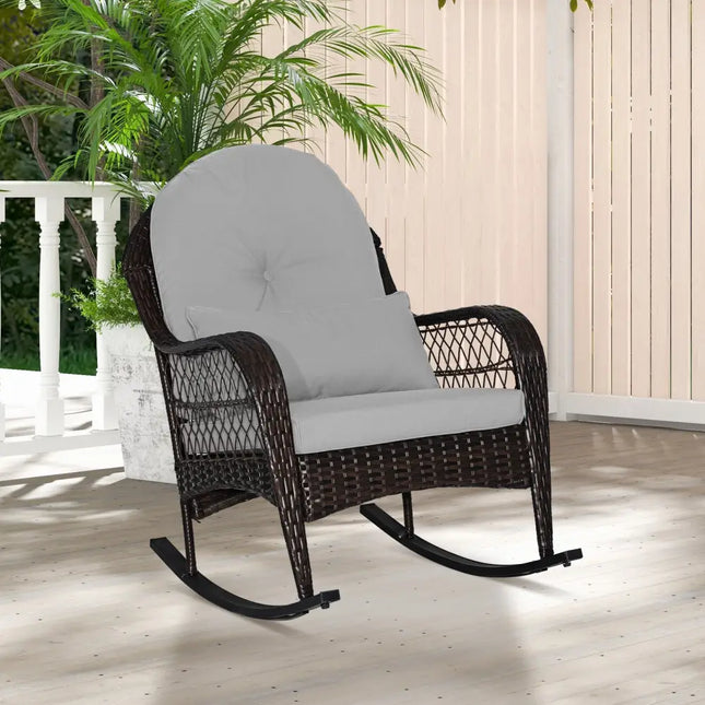 Patio Rattan Rocking Chair with Seat Back Cushions and Waist Pillow-Gray - Gray - Patio Rocking Chairs & Gliders