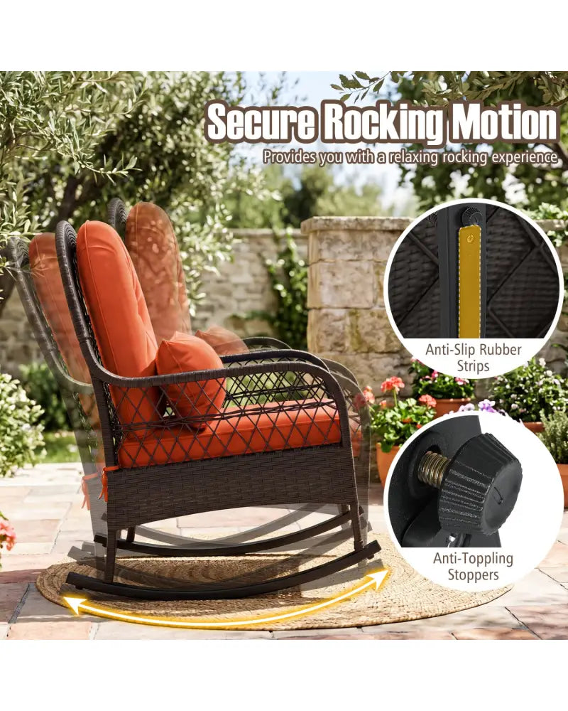 Patio Rattan Rocking Chair with Seat Back Cushions and Waist Pillow-Red - Orange - Patio Rocking Chairs & Gliders