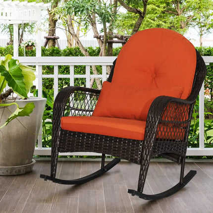 Patio Rattan Rocking Chair with Seat Back Cushions and Waist Pillow-Red - Orange - Patio Rocking Chairs & Gliders