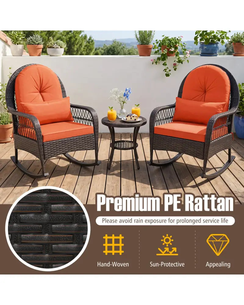 Patio Rattan Rocking Chair with Seat Back Cushions and Waist Pillow-Red - Orange - Patio Rocking Chairs & Gliders