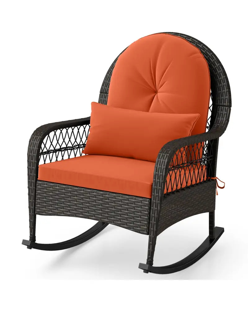 Patio Rattan Rocking Chair with Seat Back Cushions and Waist Pillow-Red - Orange - Patio Rocking Chairs & Gliders