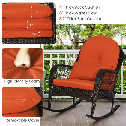 Patio Rattan Rocking Chair with Seat Back Cushions and Waist Pillow-Red - Orange - Patio Rocking Chairs & Gliders