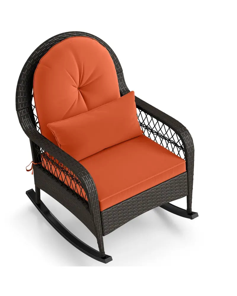 Patio Rattan Rocking Chair with Seat Back Cushions and Waist Pillow-Red - Orange - Patio Rocking Chairs & Gliders