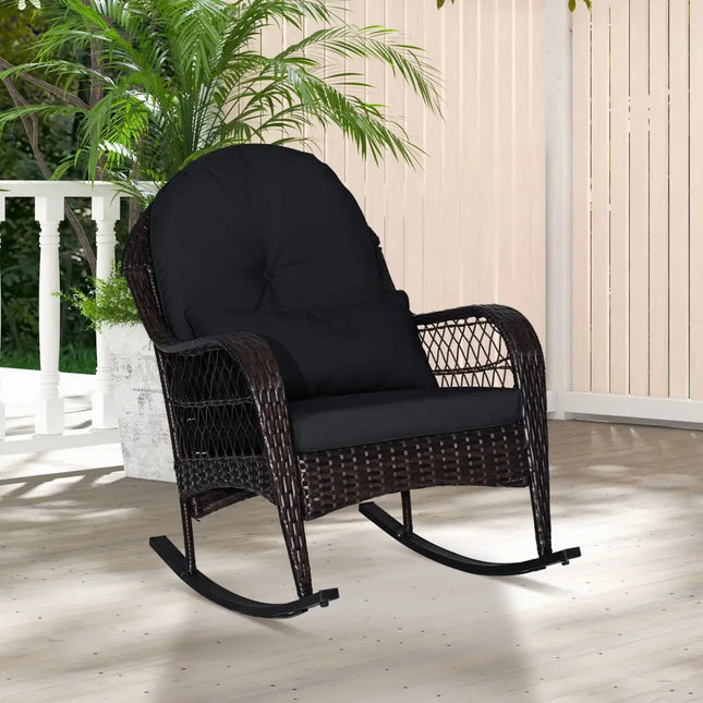 Patio Rattan Rocking Chair with Seat Back Cushions and Waist Pillow-Black - Black - Patio Rocking Chairs & Gliders