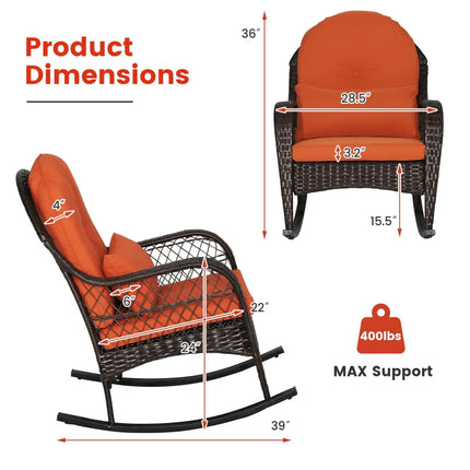 Patio Rattan Rocking Chair with Seat Back Cushions and Waist Pillow-Red - Orange - Patio Rocking Chairs & Gliders