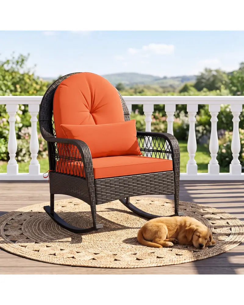 Patio Rattan Rocking Chair with Seat Back Cushions and Waist Pillow-Red - Orange - Patio Rocking Chairs & Gliders