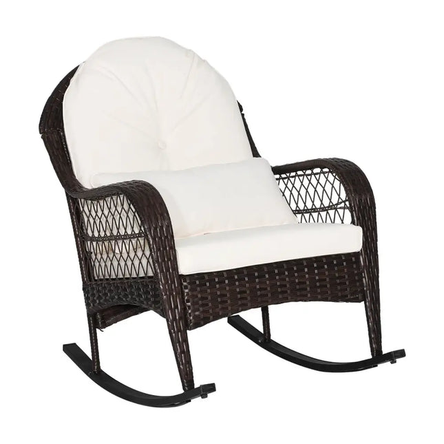 Patio Rattan Rocking Chair with Seat Back Cushions and Waist Pillow-White - White - Patio Rocking Chairs & Gliders