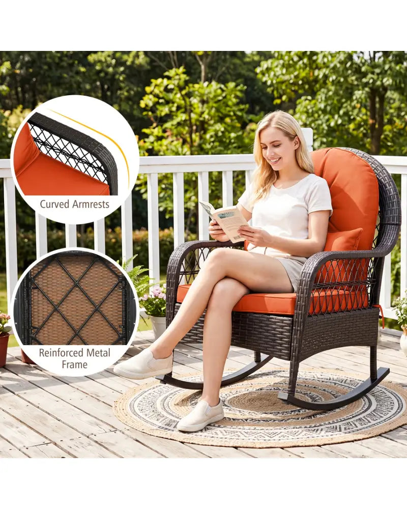 Patio Rattan Rocking Chair with Seat Back Cushions and Waist Pillow-Red - Orange - Patio Rocking Chairs & Gliders