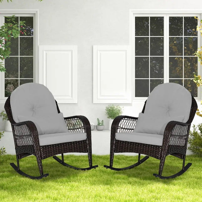 Patio Rattan Rocking Chair with Seat Back Cushions and Waist Pillow-Gray - Gray - Patio Rocking Chairs & Gliders
