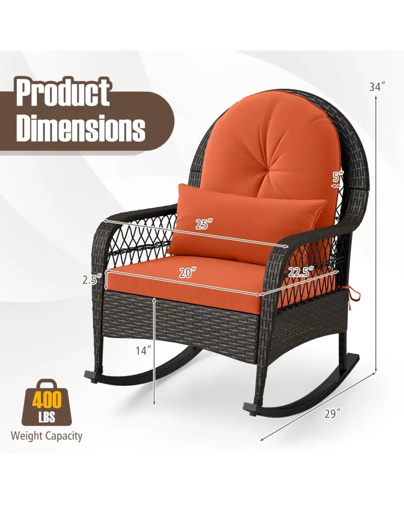 Patio Rattan Rocking Chair with Seat Back Cushions and Waist Pillow-Red - Orange - Patio Rocking Chairs & Gliders