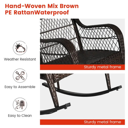 Patio Rattan Rocking Chair with Seat Back Cushions and Waist Pillow-Red - Orange - Patio Rocking Chairs & Gliders