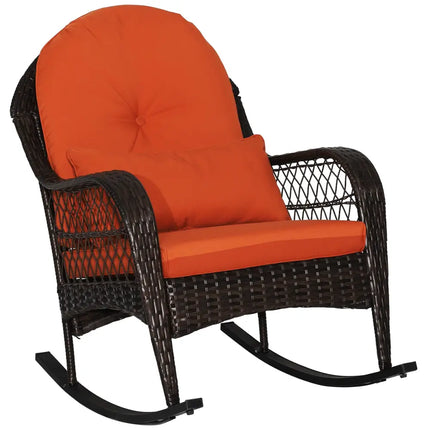 Patio Rattan Rocking Chair with Seat Back Cushions and Waist Pillow-Red - Orange - Patio Rocking Chairs & Gliders