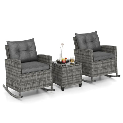 Patio Rattan Roker Chairs with Tempered Glass Table and Soft Cushions for Backyard Poolside Porch-Gray - Gray - Patio
