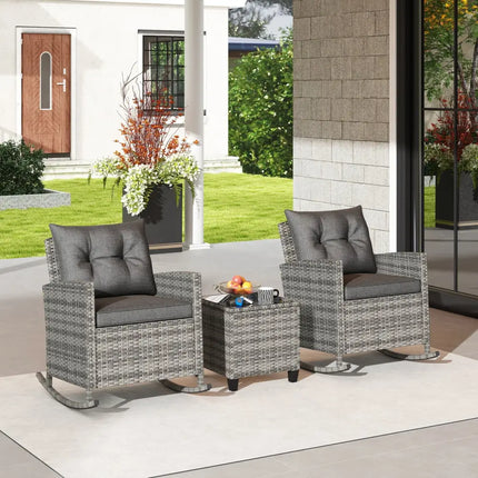 Patio Rattan Roker Chairs with Tempered Glass Table and Soft Cushions for Backyard Poolside Porch-Gray - Gray - Patio