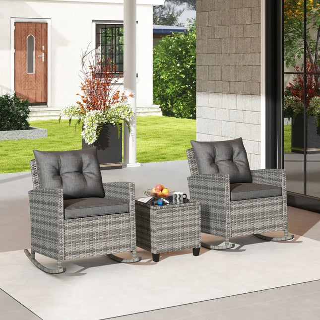 Patio Rattan Roker Chairs with Tempered Glass Table and Soft Cushions for Backyard Poolside Porch-Gray - Gray - Patio