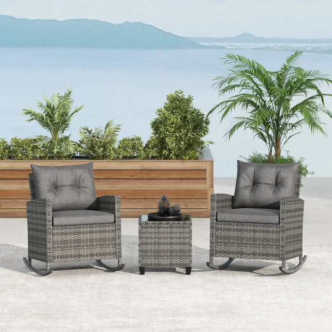 Patio Rattan Roker Chairs with Tempered Glass Table and Soft Cushions for Backyard Poolside Porch-Gray - Gray - Patio