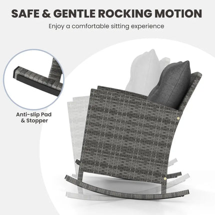 Patio Rattan Roker Chairs with Tempered Glass Table and Soft Cushions for Backyard Poolside Porch-Gray - Gray - Patio