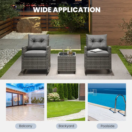 Patio Rattan Roker Chairs with Tempered Glass Table and Soft Cushions for Backyard Poolside Porch-Gray - Gray - Patio