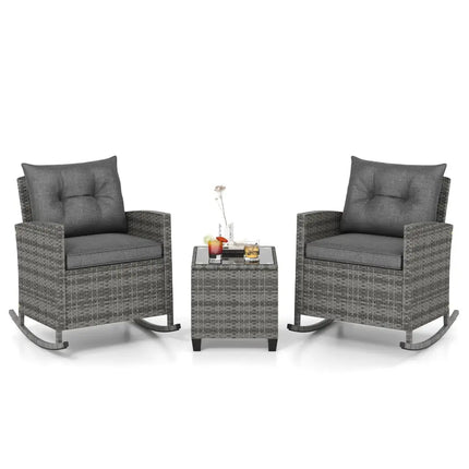 Patio Rattan Roker Chairs with Tempered Glass Table and Soft Cushions for Backyard Poolside Porch-Gray - Gray - Patio