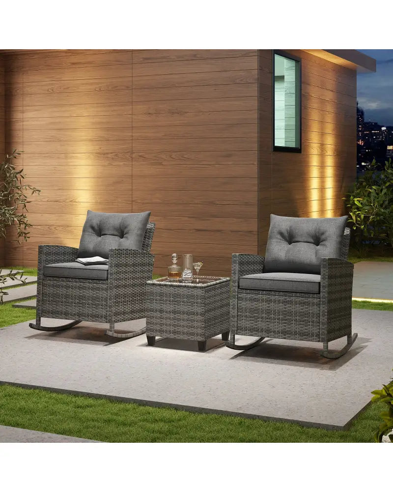 Patio Rattan Roker Chairs with Tempered Glass Table and Soft Cushions for Backyard Poolside Porch-Gray - Gray - Patio