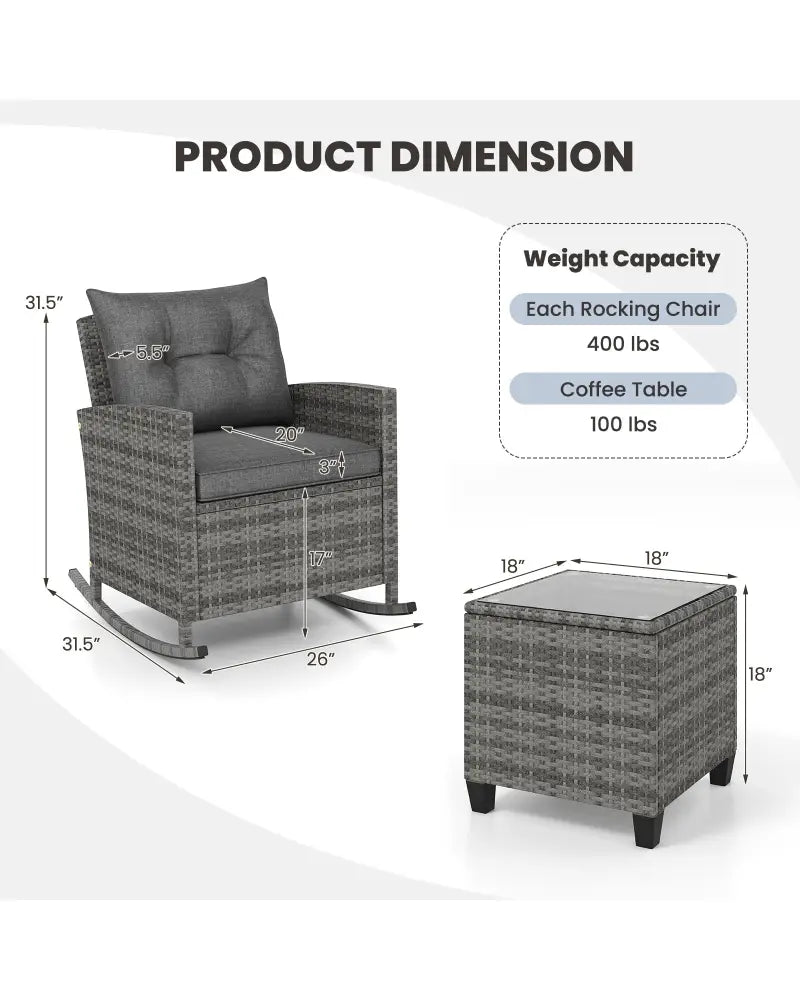 Patio Rattan Roker Chairs with Tempered Glass Table and Soft Cushions for Backyard Poolside Porch-Gray - Gray - Patio