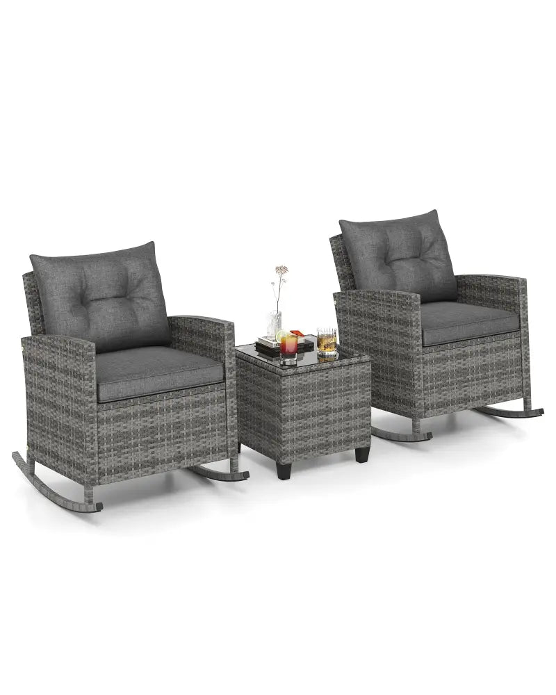 Patio Rattan Roker Chairs with Tempered Glass Table and Soft Cushions for Backyard Poolside Porch-Gray - Gray - Patio