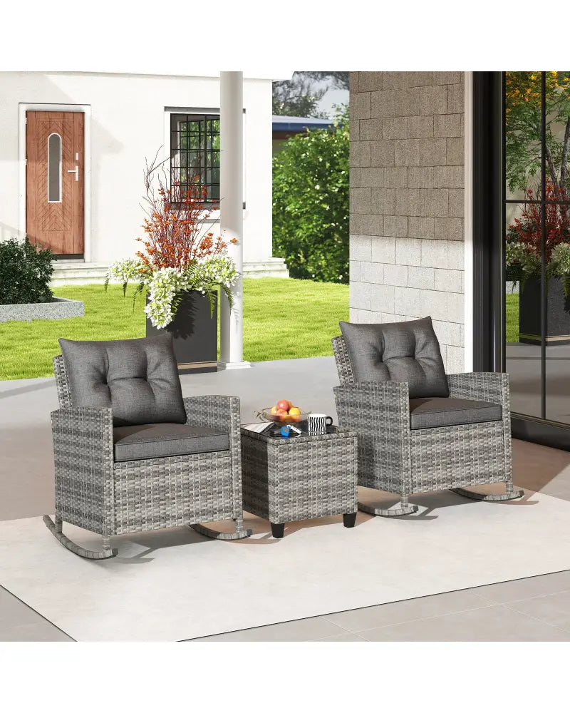 Patio Rattan Roker Chairs with Tempered Glass Table and Soft Cushions for Backyard Poolside Porch-Gray - Gray - Patio