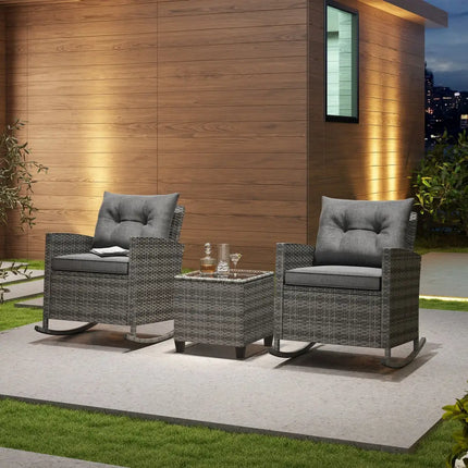 Patio Rattan Roker Chairs with Tempered Glass Table and Soft Cushions for Backyard Poolside Porch-Gray - Gray - Patio