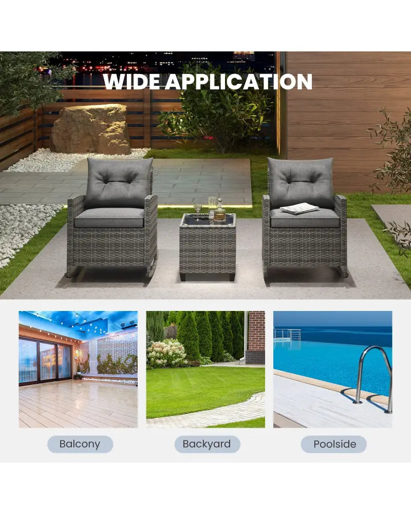 Patio Rattan Roker Chairs with Tempered Glass Table and Soft Cushions for Backyard Poolside Porch-Gray - Gray - Patio