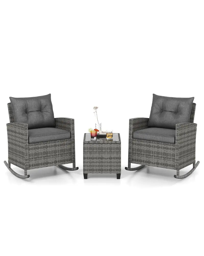 Patio Rattan Roker Chairs with Tempered Glass Table and Soft Cushions for Backyard Poolside Porch-Gray - Gray - Patio