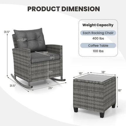 Patio Rattan Roker Chairs with Tempered Glass Table and Soft Cushions for Backyard Poolside Porch-Gray - Gray - Patio