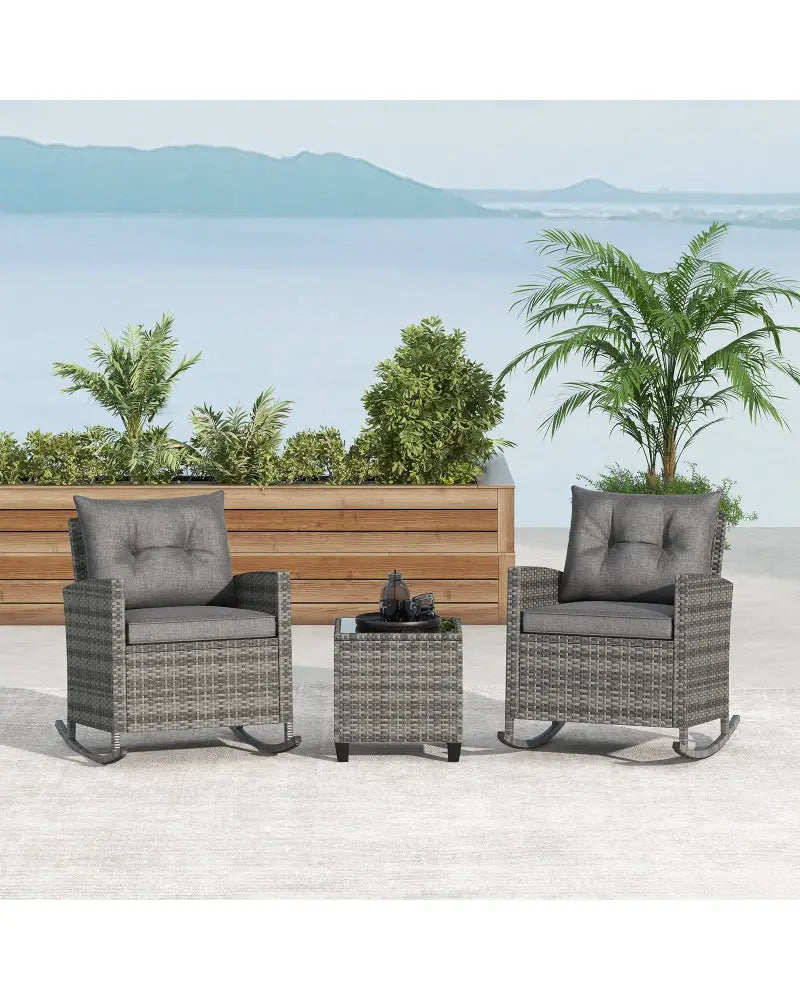 Patio Rattan Roker Chairs with Tempered Glass Table and Soft Cushions for Backyard Poolside Porch-Gray - Gray - Patio