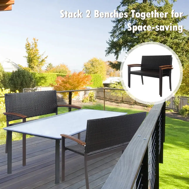 Patio Rattan Wicker Bench with Armrest for Garden - Black - Outdoor Benches