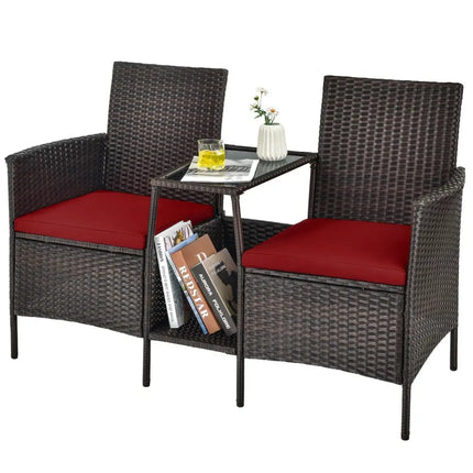 Patio Rattan Wicker Conversation Set Sofa Cushioned Loveseat Glass Table-Red - Red - Patio Conversation Sets