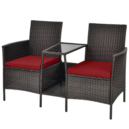 Patio Rattan Wicker Conversation Set Sofa Cushioned Loveseat Glass Table-Red - Red - Patio Conversation Sets