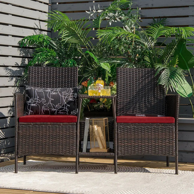 Patio Rattan Wicker Conversation Set Sofa Cushioned Loveseat Glass Table-Red - Red - Patio Conversation Sets
