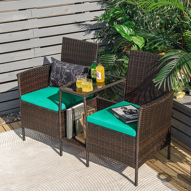 Patio Rattan Wicker Conversation Set Sofa Cushioned Loveseat Glass Table-Turquoise - Turquoise - Patio Conversation Sets