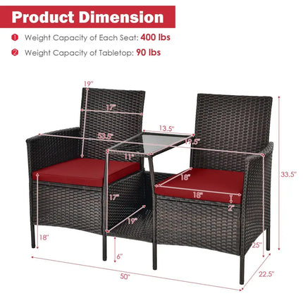 Patio Rattan Wicker Conversation Set Sofa Cushioned Loveseat Glass Table-Red - Red - Patio Conversation Sets