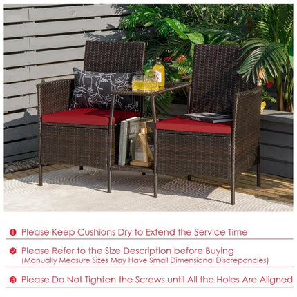 Patio Rattan Wicker Conversation Set Sofa Cushioned Loveseat Glass Table-Red - Red - Patio Conversation Sets